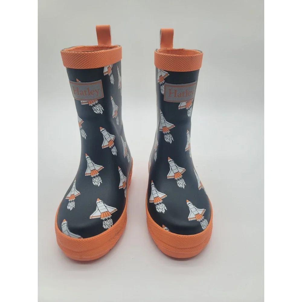 Hatley Space Shuttle Rain Boots Kids Size 8 Navy Orange Waterproof Rubber